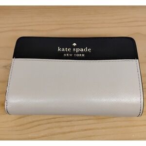 Kate Spade Staci Colorblock Saffiano Leather Bifold Wallet Black Beige Zip Coin